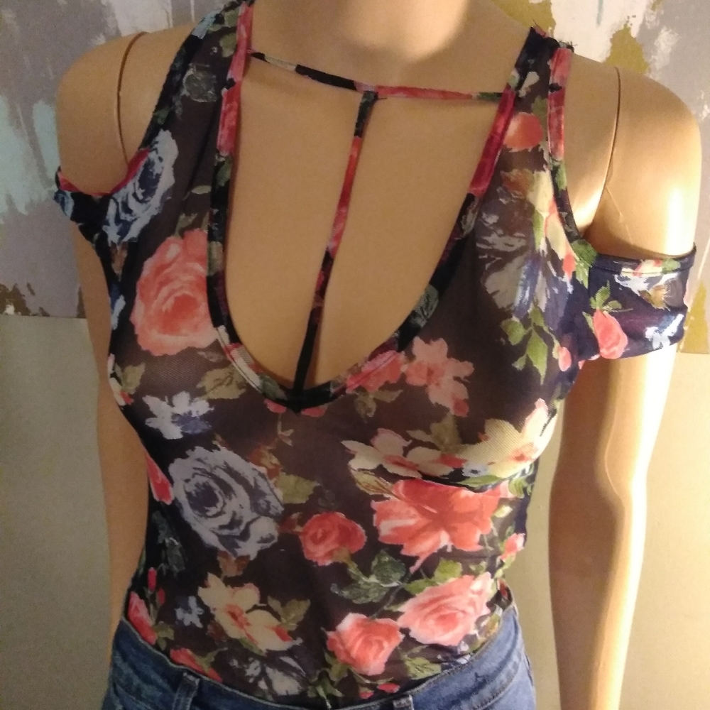 See-through floral print body suit